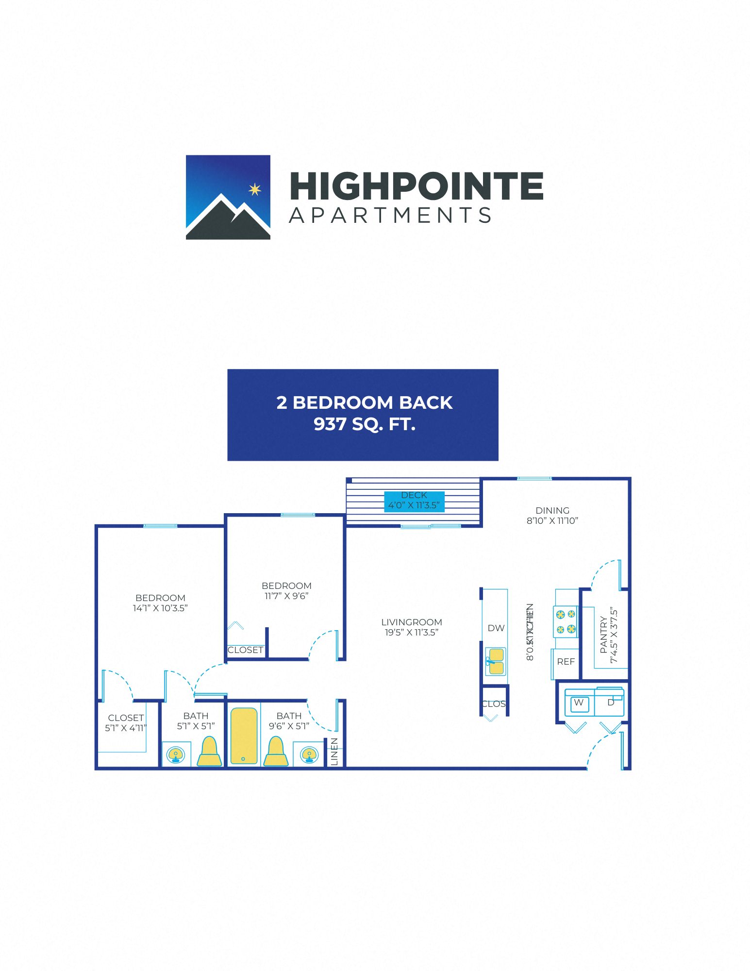 Floor plan for 2 beds, 1.5 baths, 937 sqft
